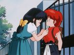 2girls 90s animated animated_gif backpack bag belt black_hair black_pants braid breasts building buttons chinese_clothes curious fence gate genderswap green_clothes green_ribbon green_skirt hair_ribbon large_breasts multiple_girls nipple nipples no_bra outdoors pants pigtail plait ponytail profile ranma-chan ranma_1/2 red_hair red_shirt ribbon saotome_ranma school_uniform shirt skirt standing surprised tendo_akane tendou_akane tree wristband yellow_ribbon 