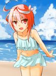  ahoge alternate_costume bad_id bad_nicoseiga_id beach blush brown_hair cloud day hair_ornament i-58_(kantai_collection) ipuu_(el-ane_koubou) kantai_collection looking_at_viewer midriff open_mouth outdoors outstretched_wrists red_eyes sand short_hair sky smile solo stomach 
