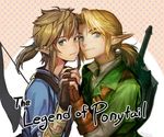  alternate_hairstyle blue_eyes bow_(weapon) charcoalo collaboration dual_persona earrings gloves jewelry link long_hair mimme_(haenakk7) multiple_boys pointy_ears ponytail shield sword the_legend_of_zelda the_legend_of_zelda:_breath_of_the_wild the_legend_of_zelda:_ocarina_of_time weapon 