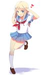  ayase_arisa blonde_hair blue_eyes blue_skirt full_body hair_ornament hairclip happy heart long_hair looking_at_viewer love_live! love_live!_school_idol_project open_mouth school_uniform serafuku shirt shoes shuu_(mniarnoakou) simple_background skirt smile socks solo standing white_background 