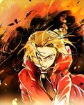  ahoge angry bad_id bad_pixiv_id blonde_hair braid burning cloak edward_elric fire flame fullmetal_alchemist hair_over_one_eye hood long_hair looking_at_viewer male_focus scowl solo yellow_eyes 