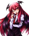  bat_wings bespectacled glasses head_wings highres index_finger_raised koakuma long_hair looking_at_viewer maru_daizu_(aqua6233) one_eye_closed red_eyes red_hair simple_background smile solo tongue tongue_out touhou white_background wings 