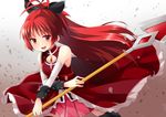  bare_shoulders black_legwear blush bow detached_sleeves hair_bow long_hair magical_girl mahou_shoujo_madoka_magica nekosugi_(hoshi) polearm ponytail red_eyes red_hair sakura_kyouko smile solo spear weapon 