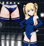  1girl artist_request ass bare_shoulders blonde_hair blue_eyes breasts clothed_navel dead_or_alive dead_or_alive_5 detached_sleeves female frills gloves hair_ribbon leotard long_hair looking_at_viewer marie_rose ribbon smile solo tecmo thighhighs twintails 