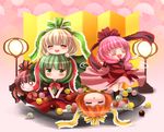  :3 alternate_color blonde_hair bow brown_hair chibi dress floral_background frills front_ponytail green_eyes green_hair hair_bow hair_ornament hair_ribbon kagiyama_hina long_hair maru_daizu_(aqua6233) multiple_girls multiple_persona orange_hair pink_hair ribbon smile spinning touhou 