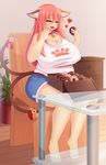  1girl aki-san_94 animal_ears bare_shoulders barefoot bell breasts cat_ears cat_tail chair cleavage collar doughnut eating eyes_closed female food highres huge_breasts miniskirt multiple_tails open_mouth original plump shirt sitting skirt solo table tail toes 