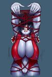  arms_up bad_id bad_pixiv_id bdsm blue_background blue_skin bondage bottomless bound breasts center_opening cleavage covered_nipples dark_nipples gigantic_breasts hanging_breasts hat highres kai(ry looking_at_viewer miyako_yoshika navel nipples ofuda pussy red_rope red_shirt rope sagging_breasts see-through shibari shiny shiny_skin shirt simple_background solo star stitched_mouth stitches touhou 