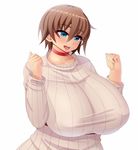  1girl aki-san_94 blue_eyes breasts brown_hair choker collarbone female gigantic_breasts highres open_mouth original plump ribbed_sweater short_hair simple_background solo standing sweater upper_body white_background 