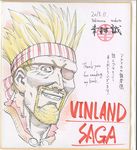  2013 artist_name beard blonde_hair blue_eyes copyright_name dated english eyepatch facial_hair hairband happy looking_at_viewer male_focus official_art signature simple_background sketch smile solo spiked_hair thank_you thorkell translation_request vinland_saga white_background yukimura_makoto 