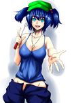  bad_id bad_pixiv_id between_breasts blue_eyes blue_hair blue_shirt breasts cleavage collarbone groin hair_bobbles hair_ornament hat highres hitotsuki_nebura jewelry kawashiro_nitori key large_breasts looking_at_viewer necklace open_mouth outstretched_hand pants screwdriver shirt smile solo tank_top touhou transparent_background two_side_up unzipped 