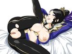  1girl areolae arms_up ass bed black_hair breasts breasts_outside censored enoshima_iki highres large_breasts leg_up legs lipstick long_hair looking_at_viewer lying makeup mole naughty_face navel nipples no_panties on_side ponytail pussy shin_sangoku_musou simple_background solo thighs tongue tongue_out torn_clothes zhen_ji 