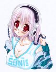  blush breasts cleavage headphones large_breasts long_hair looking_at_viewer nitroplus open_mouth pink_hair red_eyes smile solo super_sonico traditional_media yaya_(yayaya) 