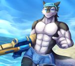  abs anthro biceps big_muscles bulge clothed clothing eyewear fur goggles half-dressed happy hi_res looking_at_viewer male manly muscles navel nurinaki outside pecs pointing pointing_at_viewer sergal sharp_teeth smile solo standing teeth teth toned tongue tongue_out topless underwear water water_gun wet 