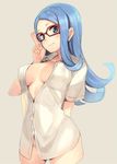  atago_kinue banned_artist blue_eyes blue_hair blush bottomless breasts dress_shirt glasses large_breasts long_hair naked_shirt open_clothes open_shirt paseri saki shiny shiny_skin shirt solo standing 