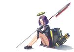  bad_id bad_pixiv_id black_gloves dress glaive gloves hand_on_own_arm kantai_collection knees_up legs_together long_sleeves looking_at_viewer mechanical_halo panties pantyshot pantyshot_(sitting) purple_eyes purple_hair short_hair sitting solo tatsuta_(kantai_collection) u_(mikaduki0720) underwear white_background 