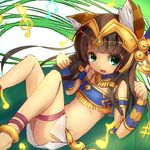  animal_ears anklet armlet bangs bastet_(p&amp;d) blunt_bangs blush bracelet brown_hair cat_ears cat_tail dark_skin egyptian egyptian_clothes fang from_above green_eyes hair_ornament headpiece jewelry legband legs_up long_hair lying musical_note navel necklace on_back open_mouth puzzle_&amp;_dragons skirt smile solo tail tatapopo white_skirt 