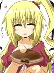  :d ^_^ alternate_costume alternate_hair_length alternate_hairstyle blonde_hair blush casual closed_eyes dorayaki facing_viewer feeding flan-maman flandre_scarlet food goma_(gomasamune) hair_ornament heart older open_mouth pov_feeding side_ponytail simple_background smile solo touhou translated upper_body wagashi white_background wings 