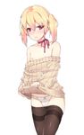  bad_id bad_pixiv_id bare_shoulders blonde_hair blush clothes_lift clothes_pull crossdressing kuro_(kuronell) male_focus nipples original otoko_no_ko panties pantyhose pantyhose_pull red_eyes short_hair short_twintails solo sweater sweater_lift sweater_pull thighband_pantyhose twintails underwear 