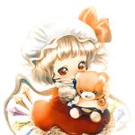  blonde_hair colored_pencil_(medium) doll_hug eyelashes flandre_scarlet graphite_(medium) hat hat_ribbon looking_at_viewer mob_cap red_eyes ribbon side_ponytail simple_background skirt skirt_set smile solo souri stuffed_animal stuffed_toy teddy_bear touhou traditional_media wings younger 