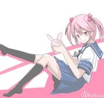  :3 bow bunny hair_bobbles hair_ornament half-closed_eyes holding kantai_collection naughty_face pink_eyes pink_hair pleated_skirt ribbon sazanami_(kantai_collection) school_uniform serafuku sitting skirt smile solo_focus thighhighs tokoi twintails 