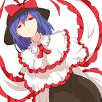  black_hat black_skirt blue_hair bow chiyoshi_(sevendw) frilled_shawl frilled_shirt_collar frills frown hat hat_bow long_hair nagae_iku red_bow red_eyes shawl simple_background skirt solo touhou white_background 