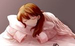  bad_id bad_pixiv_id bed_sheet brown_hair closed_eyes comah hair_down hair_tie kantai_collection lying on_stomach pajamas pillow pillow_hug ryuujou_(kantai_collection) sleeping solo 