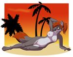  beach breasts canine fcsimba female fox green_eyes hair long_hair mammal navel nipples palm_tree pose red_hair seaside solo summer sunbathing sunset 