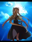  air back bad_id bad_pixiv_id blonde_hair bow cloud from_behind hair_bow hair_ornament hair_ribbon highres kamio_misuzu letterboxed light long_hair outstretched_arms ponytail ribbon sky solo spread_arms sunlight very_long_hair wind yukichi_(eikichi) 