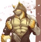  abs anthro biceps big_muscles canine clothing cursedmarked fur grin hooded hoodie istani looking_at_viewer male mammal muscles nipples pecs smile solo wolf yutari 