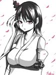  breasts cherry_blossoms detached_sleeves hair_ornament hand_on_own_head kantai_collection large_breasts lipstick makeup monochrome nontraditional_miko pagoda red_eyes short_hair solo spot_color tassel tokoi yamashiro_(kantai_collection) 