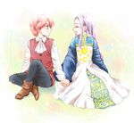  1girl blue_eyes blush boots closed_eyes couple dress gilthunder happy hetero holding_hands long_hair looking_at_another margaret_liones nanatsu_no_taizai open_mouth pants pesu purple_hair red_hair shirt short_hair sitting smile spoilers younger 