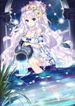  aquarius arch barefoot blue_eyes blush bobyeonggung breasts cleavage constellation detached_sleeves dress e-nya fish flower hair_flower hair_ornament jewelry jug legs long_hair long_sleeves medium_breasts necklace night pillar purple_hair qurare_magic_library silver_hair sitting sky smile soaking_feet solo spaghetti_strap splashing toes vase very_long_hair water water_surface wavy_hair white_dress zodiac 