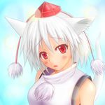  animal_ears bare_shoulders blush breasts firolat hat inubashiri_momiji looking_at_viewer open_mouth pom_pom_(clothes) red_eyes short_hair silver_hair solo tail tokin_hat touhou wolf_ears wolf_tail 
