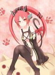  artist_request blush breasts cat cat_tail cleavage cosmic_break mecha_musume mialy red_eyes red_hair revealing_clothes ribbon solo stuffed_toy tail twintails 