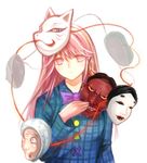  bad_id bad_pixiv_id bow expressionless fox_mask hata_no_kokoro highres long_hair long_sleeves looking_at_viewer mask noh_mask oni_mask pink_eyes pink_hair plaid plaid_shirt shirt simple_background solo touhou upper_body white_background x&amp;x&amp;x 