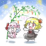  :3 aqua_hair bamboo bat_wings blonde_hair blush_stickers chibi commentary hair_ornament hair_ribbon hat hat_ribbon mob_cap multiple_girls noai_nioshi open_mouth outstretched_arms patch red_eyes remilia_scarlet ribbon rumia short_hair sketch smile spread_arms tanabata tanzaku touhou wings |_| 