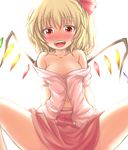  backlighting bare_shoulders blonde_hair blush breasts collarbone commentary flandre_scarlet hair_ribbon medium_breasts navel neats off_shoulder open_clothes open_mouth open_shirt red_eyes ribbon shirt shirt_pull side_ponytail sitting skirt smile solo spread_legs touhou unbuttoned wings 