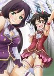  ;d \m/ arm_up armpits black_hair bow green_eyes leg_garter long_hair looking_at_viewer love_live! love_live!_school_idol_project low_twintails multiple_girls one_eye_closed open_mouth panties plaid red_eyes smile toujou_nozomi twintails two_side_up underwear v-shaped_eyebrows white_panties yazawa_nico yohane 