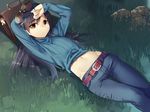  arms_up bag belt blue_hair blush brown_eyes denim eyewear_removed fashion groin hip_bones idolmaster idolmaster_(classic) jeans kisaragi_chihaya long_hair long_sleeves looking_at_viewer lying maitake_(loose) midriff navel nonowa on_back pants ribbed_sweater solo sunglasses sweater thigh_gap 