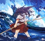  akagi_(kantai_collection) arrow bow_(weapon) brown_hair from_behind gloves hakama_skirt japanese_clothes kantai_collection long_hair ocean solo thighhighs tora_jun wading water waves weapon white_legwear 