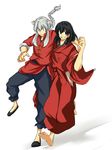  2boys alternate_hairstyle animal_ears bad_id bad_pixiv_id black_hair braid chinese_clothes cosplay costume_switch creator_connection dog_ears inuyasha inuyasha_(character) inuyasha_(character)_(cosplay) japanese_clothes multiple_boys ranma_1/2 saotome_ranma saotome_ranma_(cosplay) seiyuu_connection simple_background single_braid white_hair yamaguchi_kappei 