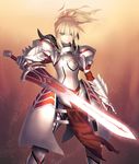  armor blonde_hair breastplate clarent fate/apocrypha fate/stay_night fate_(series) gauntlets glowing glowing_sword glowing_weapon mordred_(fate) mordred_(fate)_(all) pauldrons ponytail red_scrunchie scrunchie smile solo sword tsukikanade weapon 