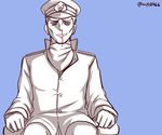 a9b_(louis814) admiral_(kantai_collection) blood hat kantai_collection male_focus military military_hat military_uniform nosebleed peaked_cap simple_background sitting smile solo twitter_username uniform 