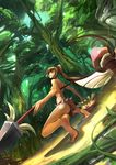  bare_shoulders barefoot blood breasts cleavage crying dutch_angle forest highres league_of_legends long_hair nature nidalee perspective polearm ponytail s87074877 soles spear squatting tears teemo toes topless tree tribal ward weapon 