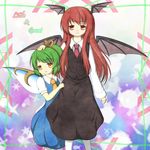 blouse daiyousei demon_wings dress english fairy_wings green_hair hand_on_another's_head head_wings ilk koakuma long_hair multiple_girls pantyhose red_eyes red_hair short_hair side_ponytail skirt touhou vest wings yellow_eyes 