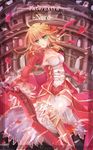 aestus_estus ahoge bad_id bad_pixiv_id blonde_hair dress epaulettes fate/extra fate_(series) greaves green_eyes highres nero_claudius_(fate) nero_claudius_(fate)_(all) petals red_dress see-through solo sword weapon yasato 