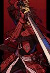  arm_guards armor bridal_gauntlets brown_hair drifters ebira faulds hair_over_one_eye long_sleeves looking_at_viewer male_focus one_eye_covered red rope sheath shimazu_toyohisa sketch solo standing sword weapon 