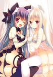  :o ;d animal_ear_fluff animal_ears ass babydoll bad_id bad_pixiv_id bare_shoulders between_legs black_legwear black_panties blue_hair blush bow breasts bunny_ears butt_crack choker collarbone fang fox_ears frills garter_straps hair_bow hair_ribbon holding_hands lingerie long_hair looking_at_viewer lowleg lying medium_breasts multiple_girls on_bed on_side one_eye_closed open_mouth original oziko_(ooji_cha) p19 panties panty_pull red_eyes ribbon sample smile text_focus thighhighs underwear white_hair white_legwear white_panties 