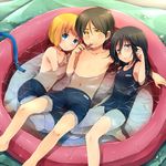  2boys armin_arlert barefoot black_hair blonde_hair blue_eyes blush clenched_teeth eren_yeager hose long_hair looking_at_viewer male_swimwear marimo_danshaku mikasa_ackerman multiple_boys navel one-piece_swimsuit partially_submerged purple_eyes school_swimsuit shingeki_no_kyojin shirtless short_hair swim_trunks swimsuit swimwear teeth wading_pool water yellow_eyes 