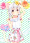  ahoge animal_ears bow braid brown_eyes casual cat_ears cat_tail floral_print flower hair_bow hair_flower hair_ornament hair_ribbon original ribbon shii_(mani) silver_hair smile solo tail translation_request twin_braids usashiro_mani 